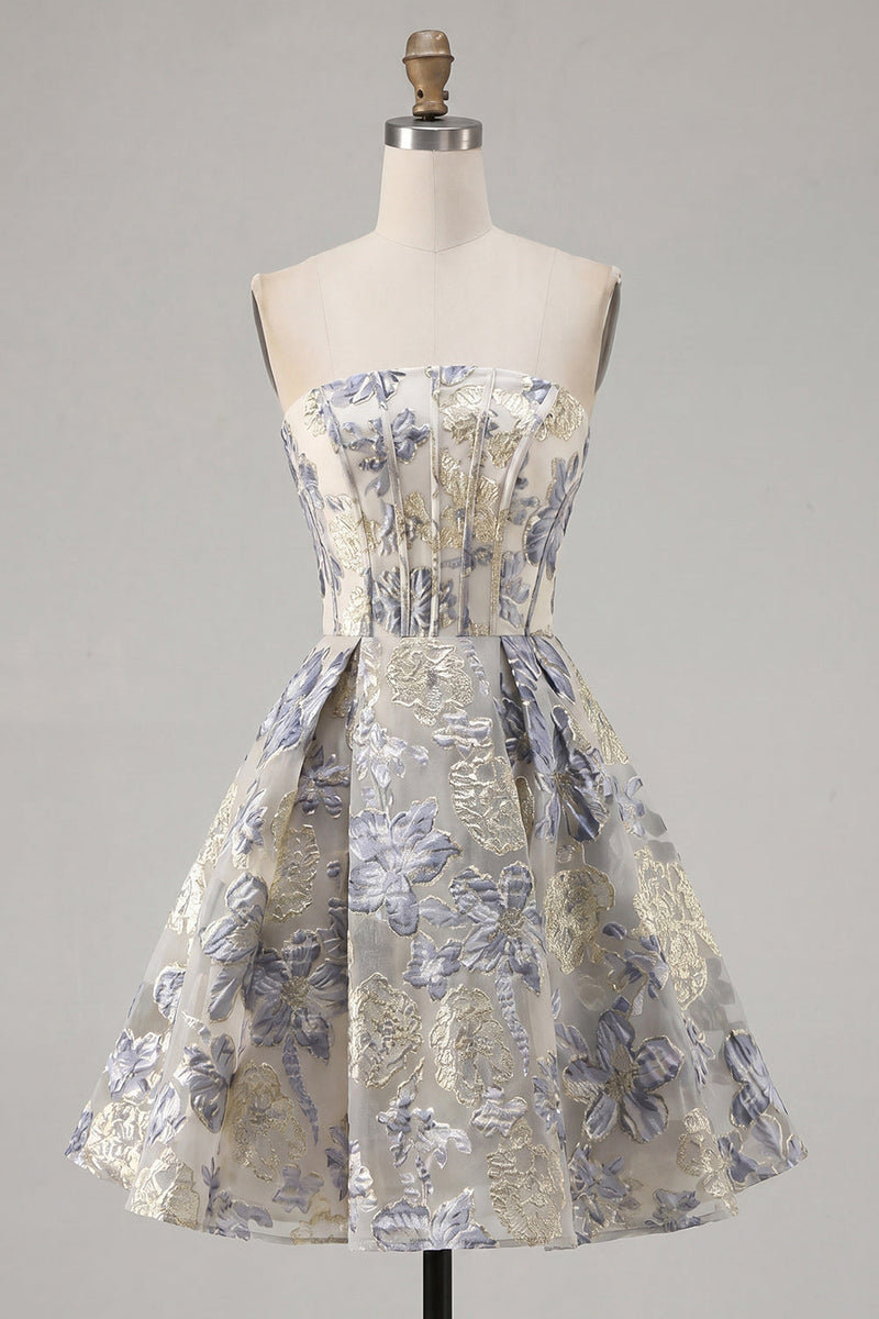 Laden Sie das Bild in den Galerie-Viewer, Staubiges blaues A-Linie Korsett Trägerloses Blumiges Kurzes Abendkleid
