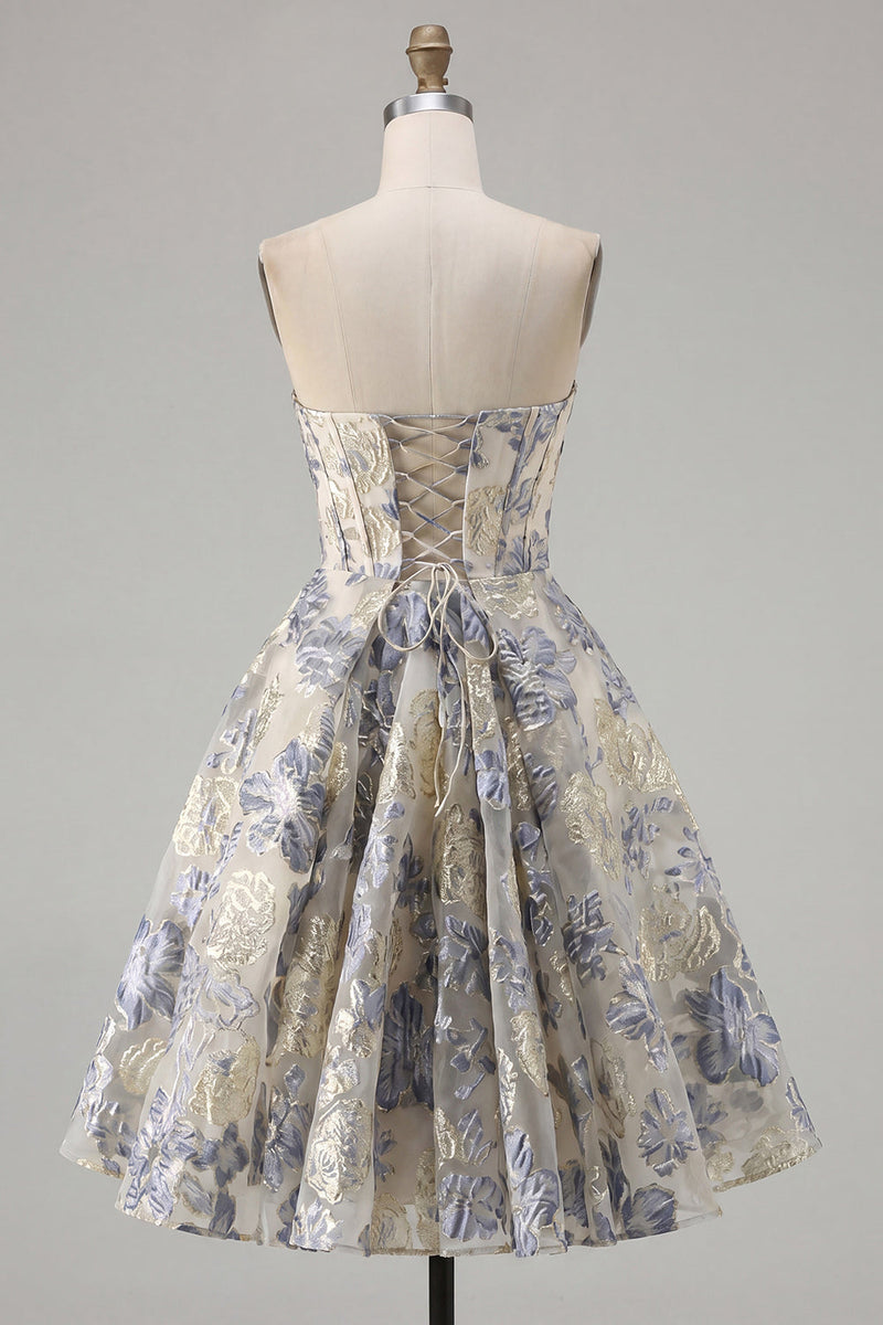 Laden Sie das Bild in den Galerie-Viewer, Staubiges blaues A-Linie Korsett Trägerloses Blumiges Kurzes Abendkleid