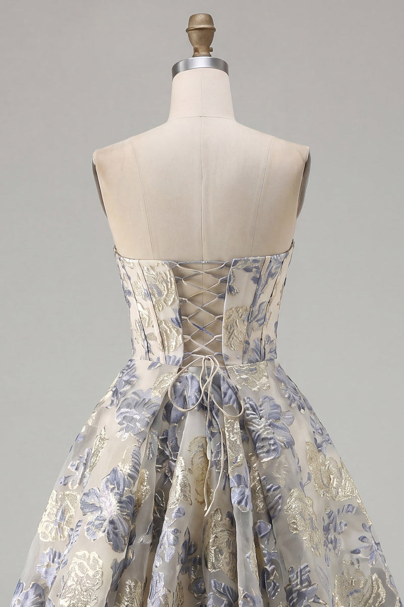 Laden Sie das Bild in den Galerie-Viewer, Staubiges blaues A-Linie Korsett Trägerloses Blumiges Kurzes Abendkleid