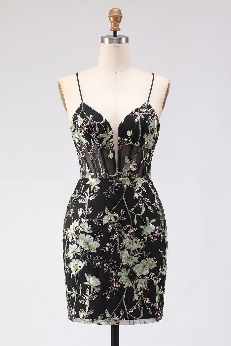 Laden Sie das Bild in den Galerie-Viewer, Gelbes Bodycon Transparentes Korsett Blumen Pailletten Kurzes Abendkleid mit Schnürung hinten
