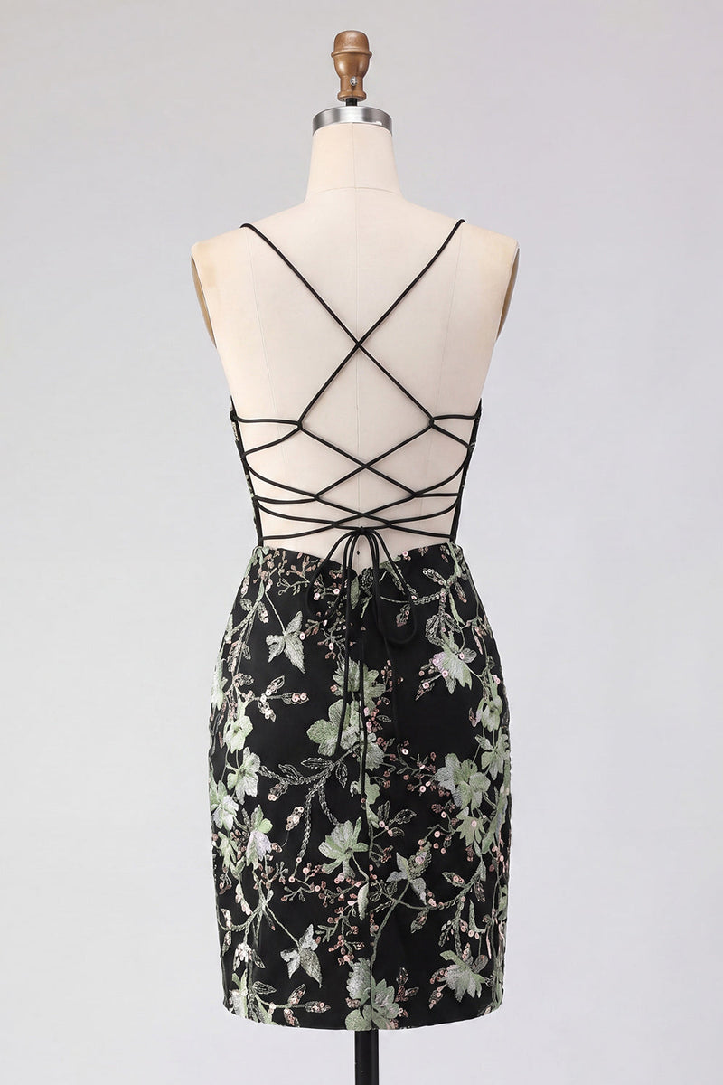 Laden Sie das Bild in den Galerie-Viewer, Gelbes Bodycon Transparentes Korsett Blumen Pailletten Kurzes Abendkleid mit Schnürung hinten