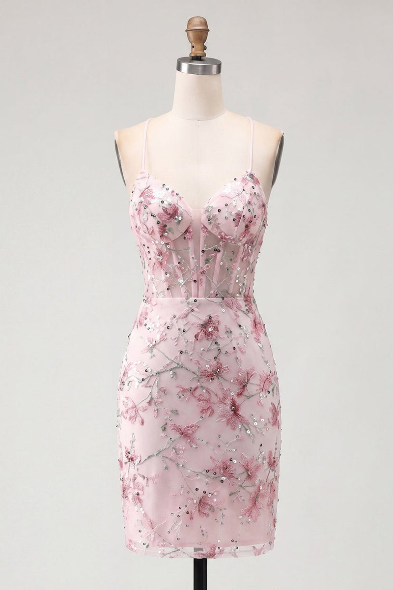 Laden Sie das Bild in den Galerie-Viewer, Rosa Geblümtes Korsett Pailletten Bodycon Kurzes Abendkleid