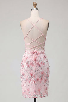 Rosa Geblümtes Korsett Pailletten Bodycon Kurzes Abendkleid