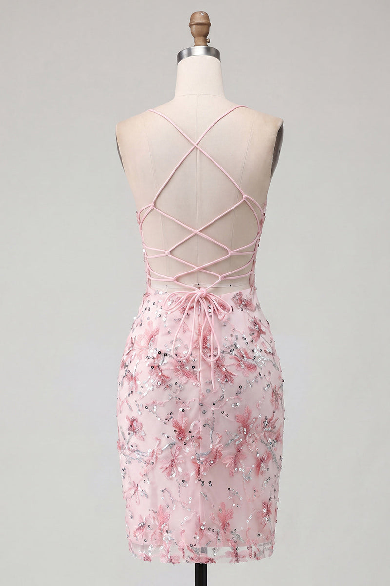 Laden Sie das Bild in den Galerie-Viewer, Rosa Geblümtes Korsett Pailletten Bodycon Kurzes Abendkleid