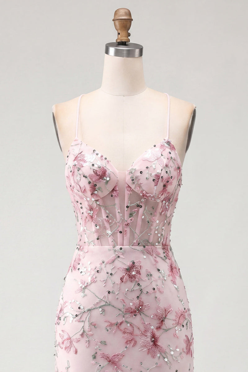 Laden Sie das Bild in den Galerie-Viewer, Rosa Geblümtes Korsett Pailletten Bodycon Kurzes Abendkleid