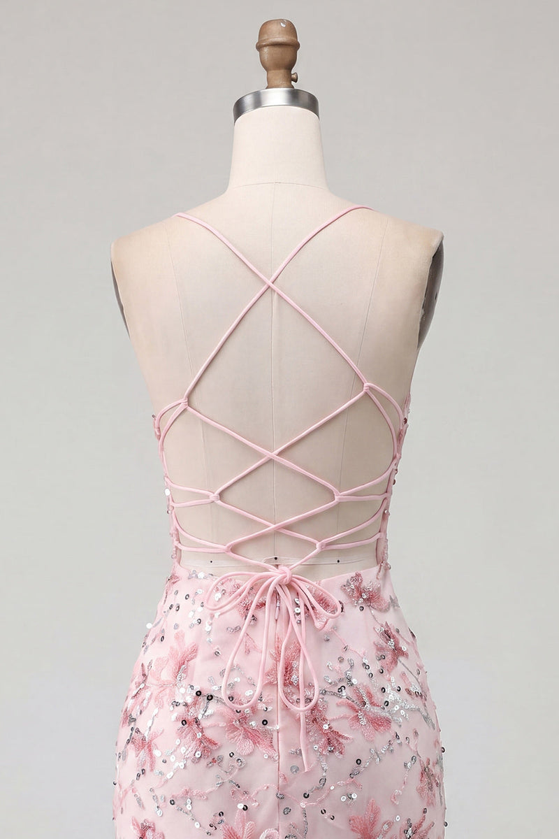 Laden Sie das Bild in den Galerie-Viewer, Gelbes Bodycon Transparentes Korsett Blumen Pailletten Kurzes Abendkleid mit Schnürung hinten
