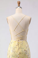 Laden Sie das Bild in den Galerie-Viewer, Gelbes Bodycon Transparentes Korsett Blumen Pailletten Kurzes Abendkleid mit Schnürung hinten