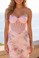 Laden Sie das Bild in den Galerie-Viewer, Floral Rosa Korsett Pailletten Bodycon Kurzes Abendkleid
