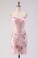Laden Sie das Bild in den Galerie-Viewer, Floral Rosa Korsett Pailletten Bodycon Kurzes Abendkleid