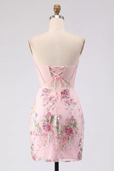 Floral Rosa Korsett Pailletten Bodycon Kurzes Abendkleid