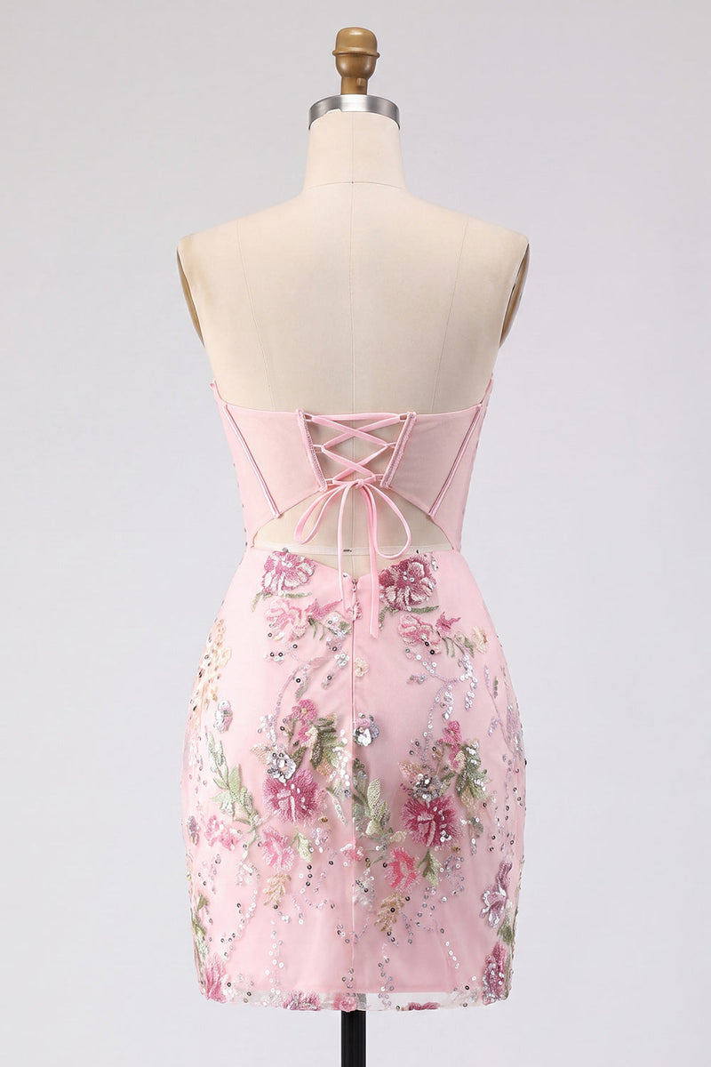 Laden Sie das Bild in den Galerie-Viewer, Floral Rosa Korsett Pailletten Bodycon Kurzes Abendkleid