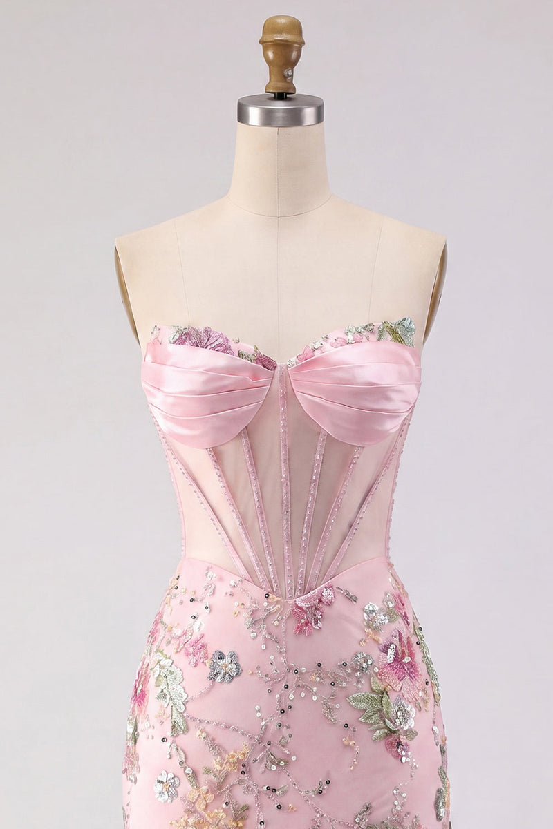 Laden Sie das Bild in den Galerie-Viewer, Floral Rosa Korsett Pailletten Bodycon Kurzes Abendkleid