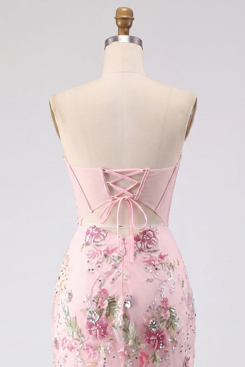 Laden Sie das Bild in den Galerie-Viewer, Floral Rosa Korsett Pailletten Bodycon Kurzes Abendkleid