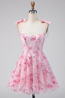Laden Sie das Bild in den Galerie-Viewer, Blumen Rosa Pailletten A-Linie Kurzes Abendkleid