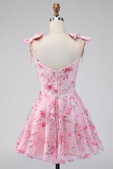 Blumen Rosa Pailletten A-Linie Kurzes Abendkleid