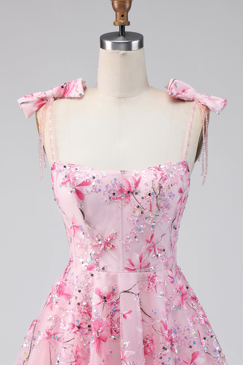 Laden Sie das Bild in den Galerie-Viewer, Blumen Rosa Pailletten A-Linie Kurzes Abendkleid