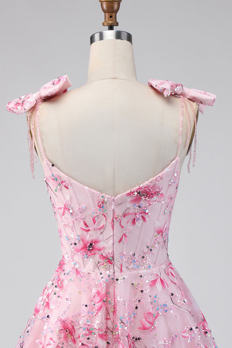 Laden Sie das Bild in den Galerie-Viewer, Blumen Rosa Pailletten A-Linie Kurzes Abendkleid