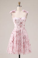 Laden Sie das Bild in den Galerie-Viewer, Blumen Rosa Pailletten A-Linie Kurzes Abendkleid