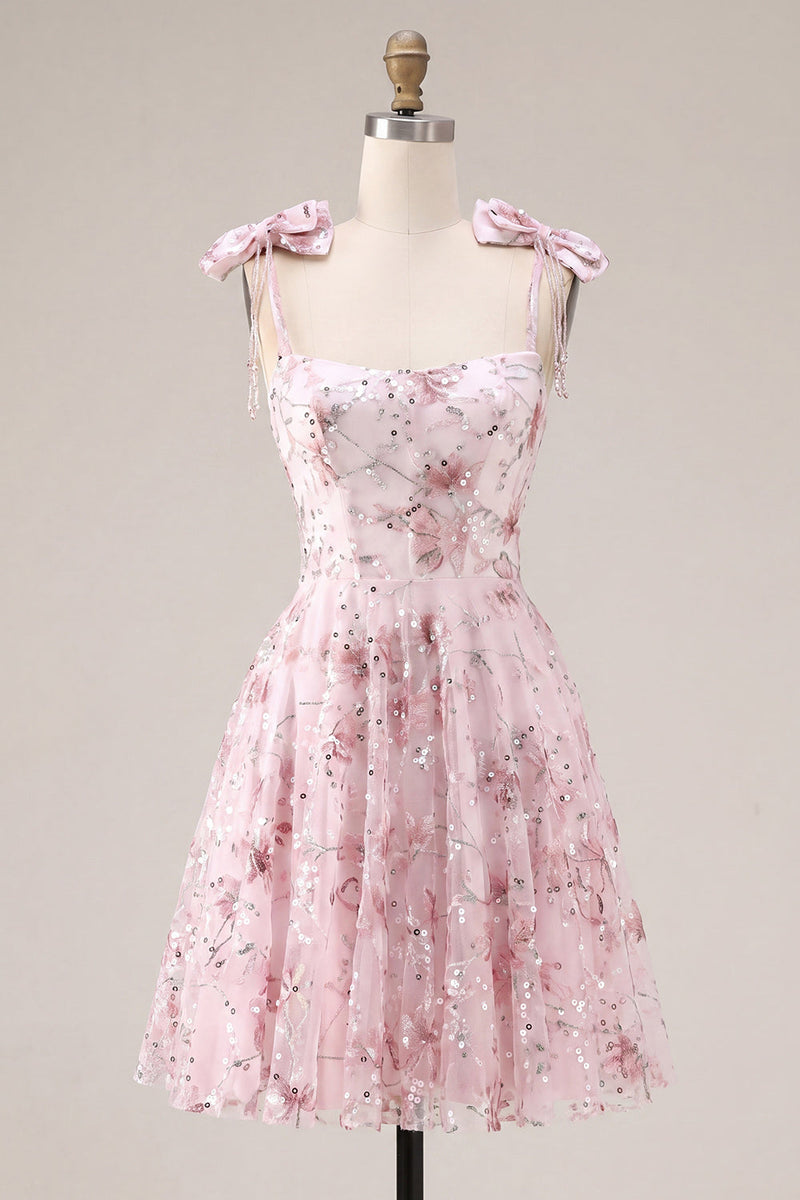 Laden Sie das Bild in den Galerie-Viewer, Blumen Rosa Pailletten A-Linie Kurzes Abendkleid