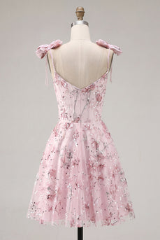 Blumen Rosa Pailletten A-Linie Kurzes Abendkleid