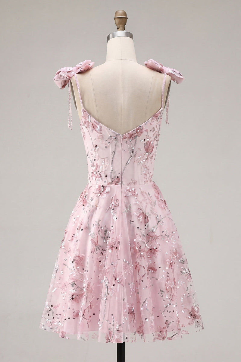 Laden Sie das Bild in den Galerie-Viewer, Blumen Rosa Pailletten A-Linie Kurzes Abendkleid