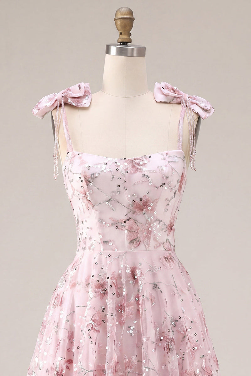 Laden Sie das Bild in den Galerie-Viewer, Blumen Rosa Pailletten A-Linie Kurzes Abendkleid