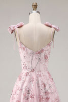 Laden Sie das Bild in den Galerie-Viewer, Blumen Rosa Pailletten A-Linie Kurzes Abendkleid