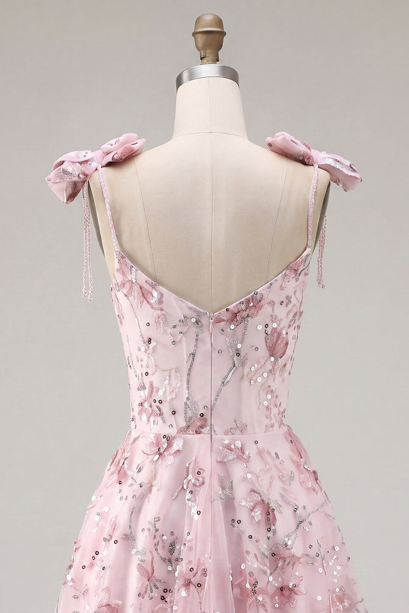 Laden Sie das Bild in den Galerie-Viewer, Blumen Rosa Pailletten A-Linie Kurzes Abendkleid