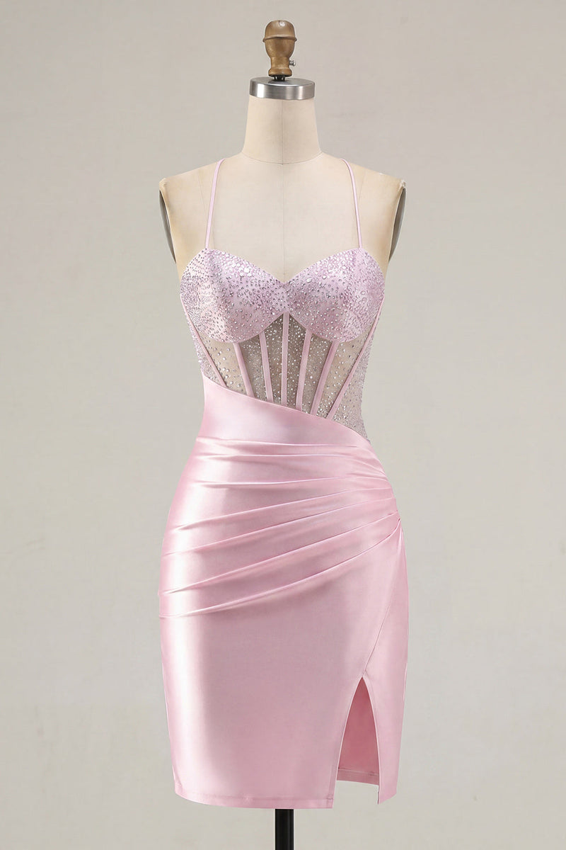 Laden Sie das Bild in den Galerie-Viewer, Rosa Transparentes Korsett Gerafftes Bodycon Kurzes Abendkleid