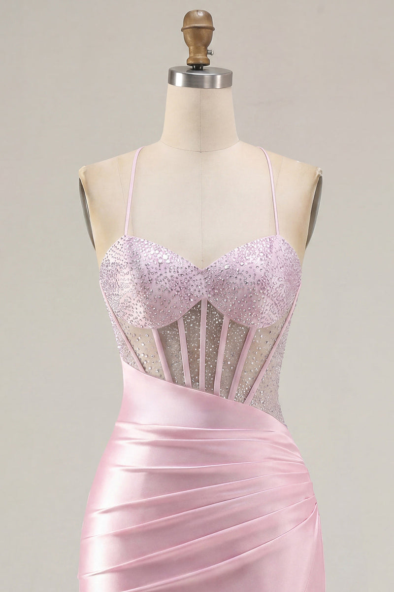 Laden Sie das Bild in den Galerie-Viewer, Rosa Transparentes Korsett Gerafftes Bodycon Kurzes Abendkleid