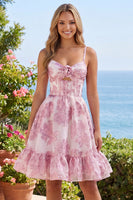 Laden Sie das Bild in den Galerie-Viewer, Rosa A-Linie Korsett Gerüschendes Blumen Kurzes Abendkleid