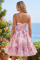 Laden Sie das Bild in den Galerie-Viewer, Rosa A-Linie Korsett Gerüschendes Blumen Kurzes Abendkleid