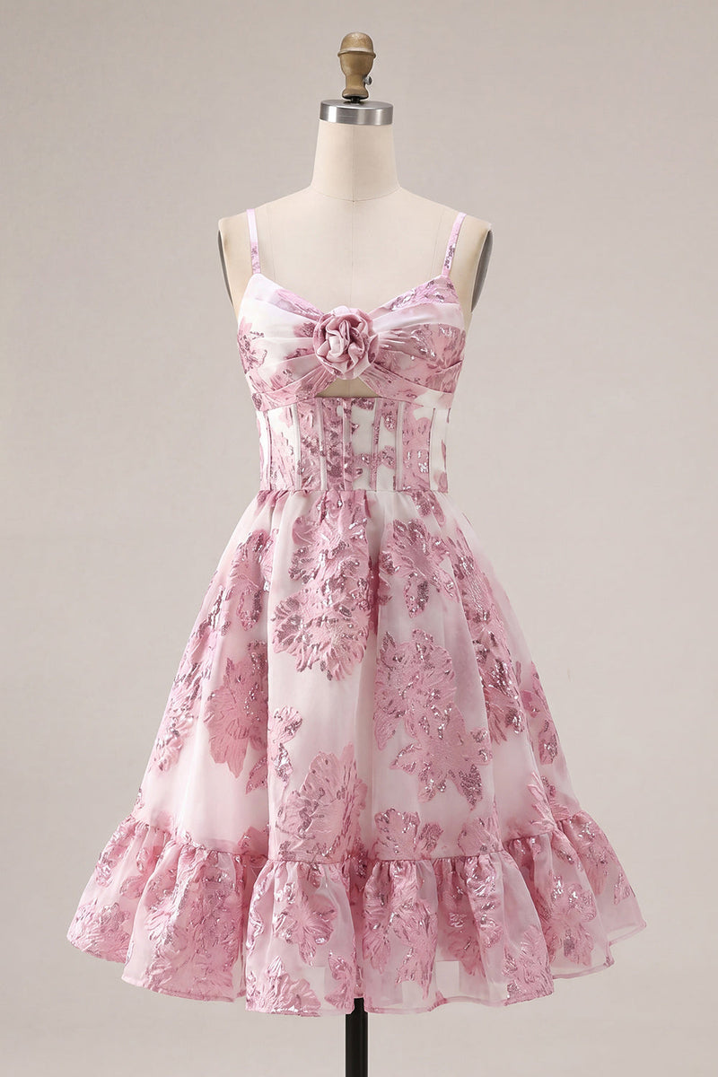 Laden Sie das Bild in den Galerie-Viewer, Rosa A-Linie Korsett Gerüschendes Blumen Kurzes Abendkleid