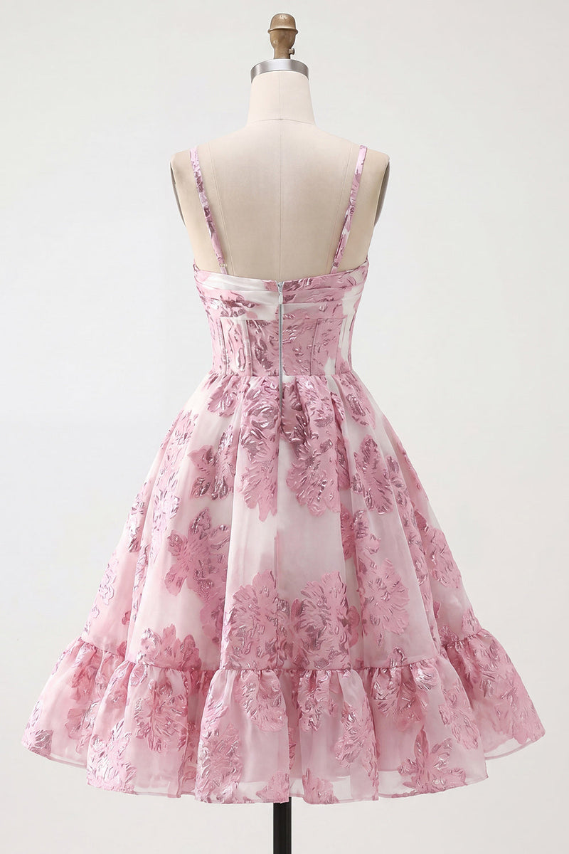 Laden Sie das Bild in den Galerie-Viewer, Rosa A-Linie Korsett Gerüschendes Blumen Kurzes Abendkleid