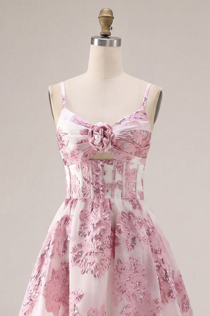 Laden Sie das Bild in den Galerie-Viewer, Rosa A-Linie Korsett Gerüschendes Blumen Kurzes Abendkleid