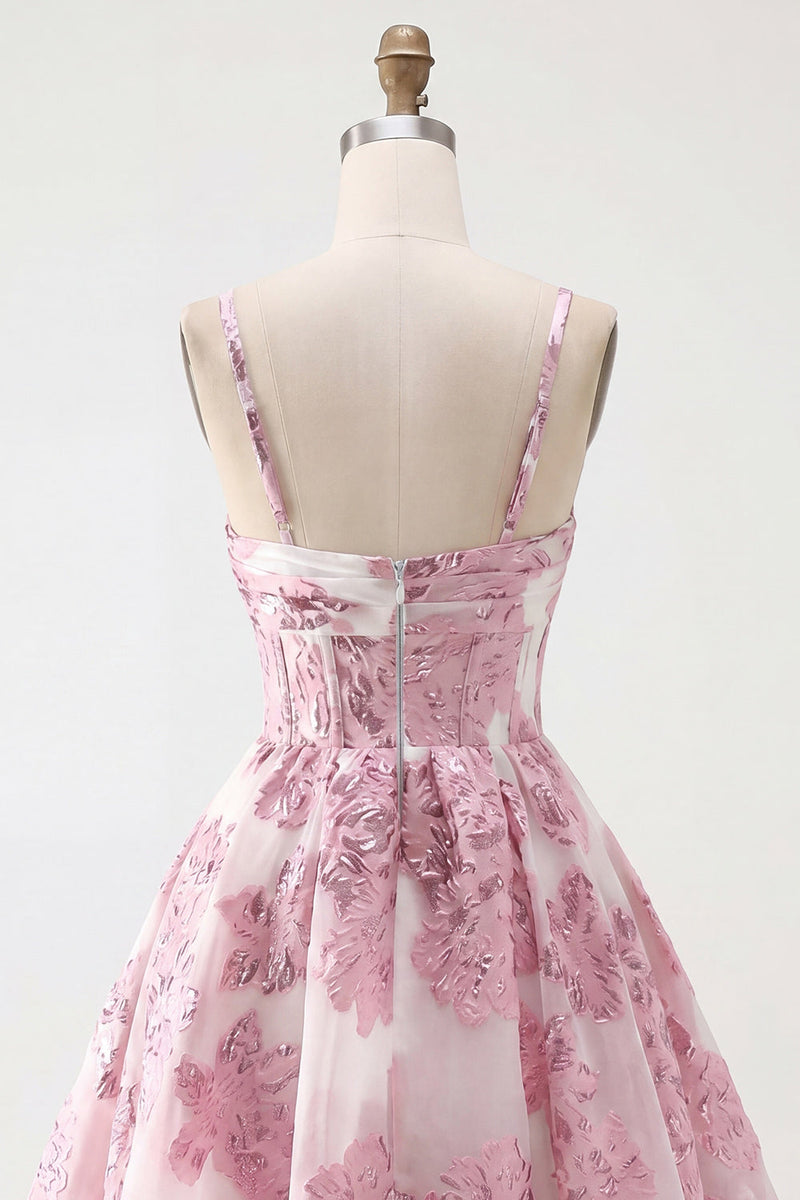 Laden Sie das Bild in den Galerie-Viewer, Rosa A-Linie Korsett Gerüschendes Blumen Kurzes Abendkleid