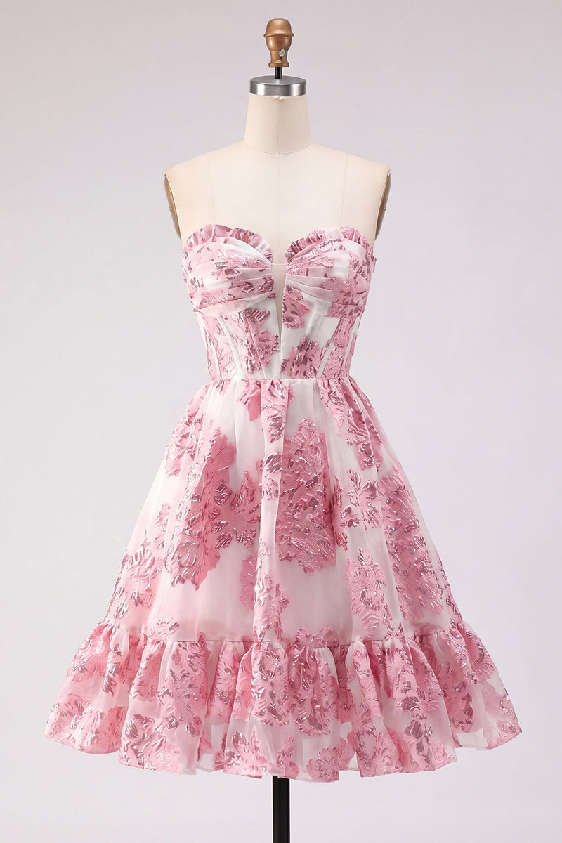 Laden Sie das Bild in den Galerie-Viewer, Rosa A-Line Sweetheart Korsett mit Rüschen Kurzes Abendkleid
