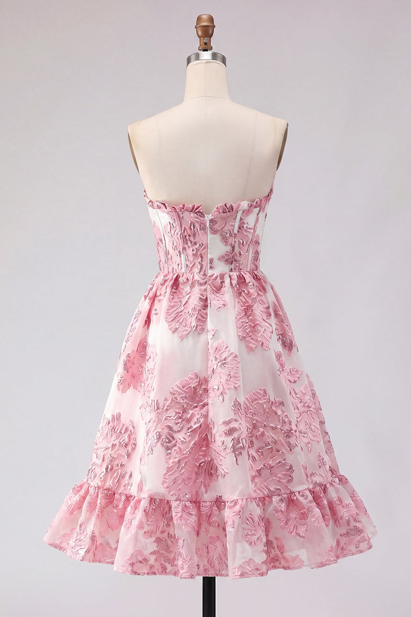 Laden Sie das Bild in den Galerie-Viewer, Rosa A-Line Sweetheart Korsett mit Rüschen Kurzes Abendkleid