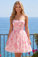 Laden Sie das Bild in den Galerie-Viewer, Trägerloses Korsett A-Linie Rosa Blumen Kurzes Abendkleid