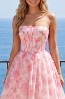 Laden Sie das Bild in den Galerie-Viewer, Trägerloses Korsett A-Linie Rosa Blumen Kurzes Abendkleid