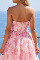 Laden Sie das Bild in den Galerie-Viewer, Trägerloses Korsett A-Linie Rosa Blumen Kurzes Abendkleid