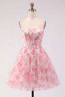 Laden Sie das Bild in den Galerie-Viewer, Trägerloses Korsett A-Linie Rosa Blumen Kurzes Abendkleid