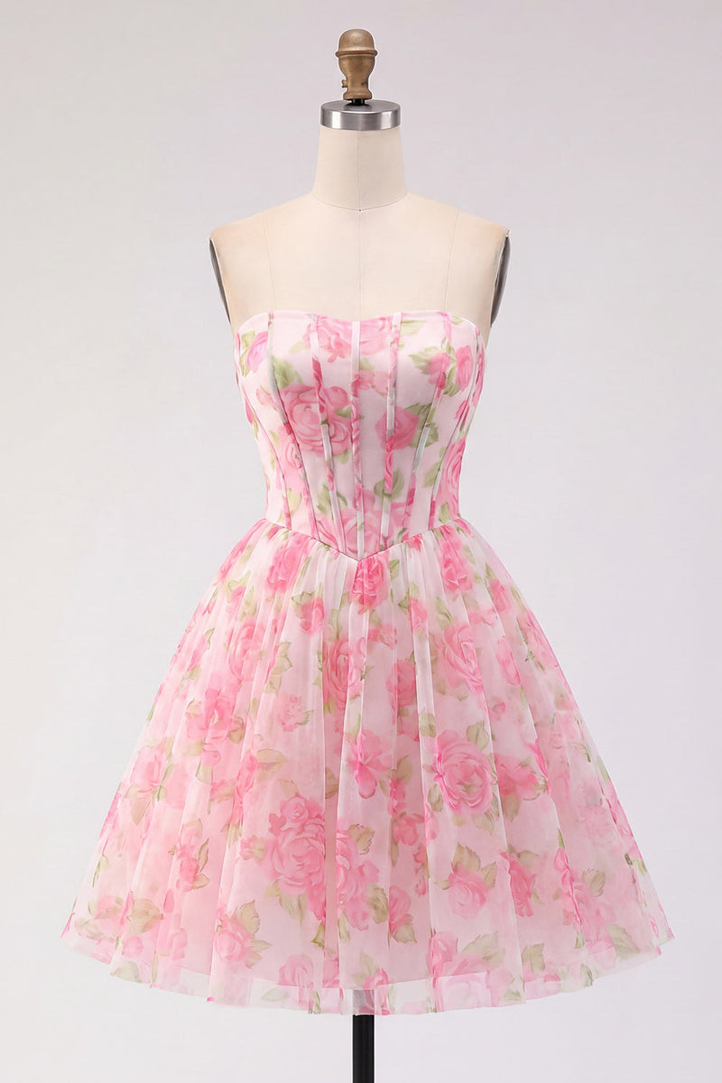Laden Sie das Bild in den Galerie-Viewer, Trägerloses Korsett A-Linie Rosa Blumen Kurzes Abendkleid