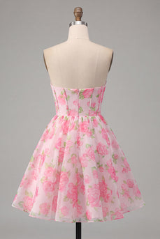 Trägerloses Korsett A-Linie Rosa Blumen Kurzes Abendkleid