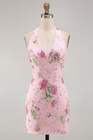 Laden Sie das Bild in den Galerie-Viewer, Pinker Neckholder Bodycon Pailletten Florales Kurzes Abendkleid