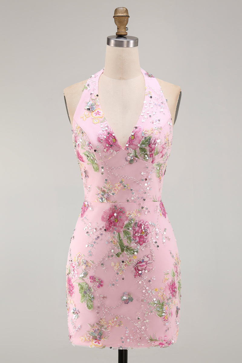 Laden Sie das Bild in den Galerie-Viewer, Pinker Neckholder Bodycon Pailletten Florales Kurzes Abendkleid