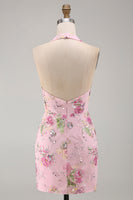 Laden Sie das Bild in den Galerie-Viewer, Pinker Neckholder Bodycon Pailletten Florales Kurzes Abendkleid