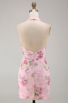Pinker Neckholder Bodycon Pailletten Florales Kurzes Abendkleid