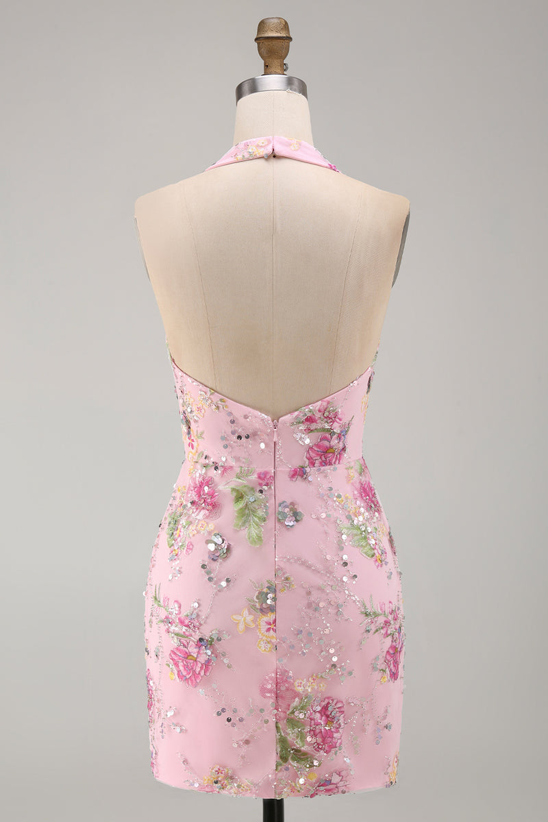 Laden Sie das Bild in den Galerie-Viewer, Pinker Neckholder Bodycon Pailletten Florales Kurzes Abendkleid