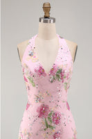 Laden Sie das Bild in den Galerie-Viewer, Pinker Neckholder Bodycon Pailletten Florales Kurzes Abendkleid